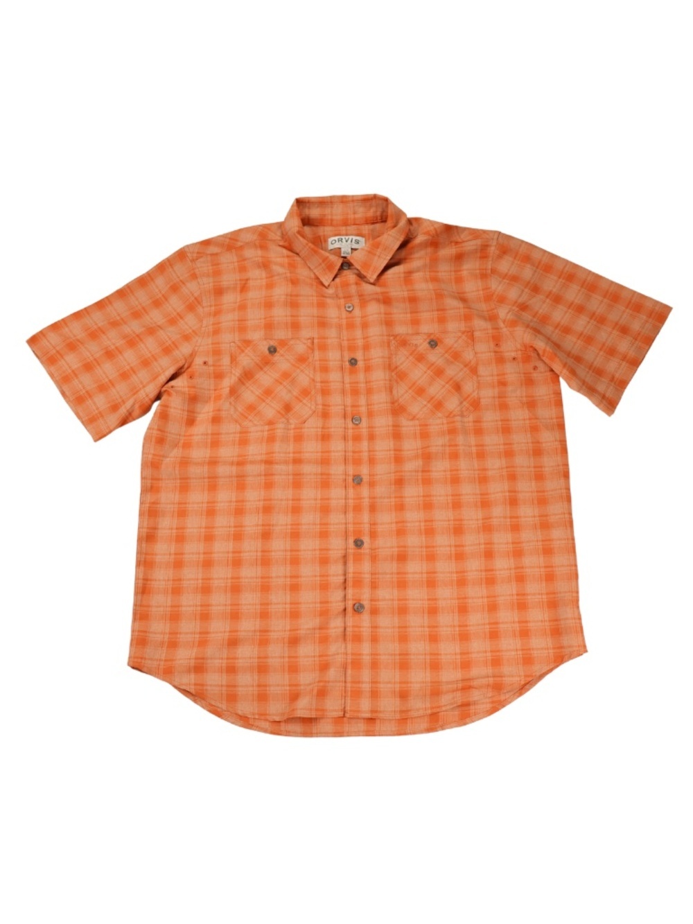 Orvis Plaid Button Up Shirt Orange Short Sleeve Outdoor Fishing Shirt Large